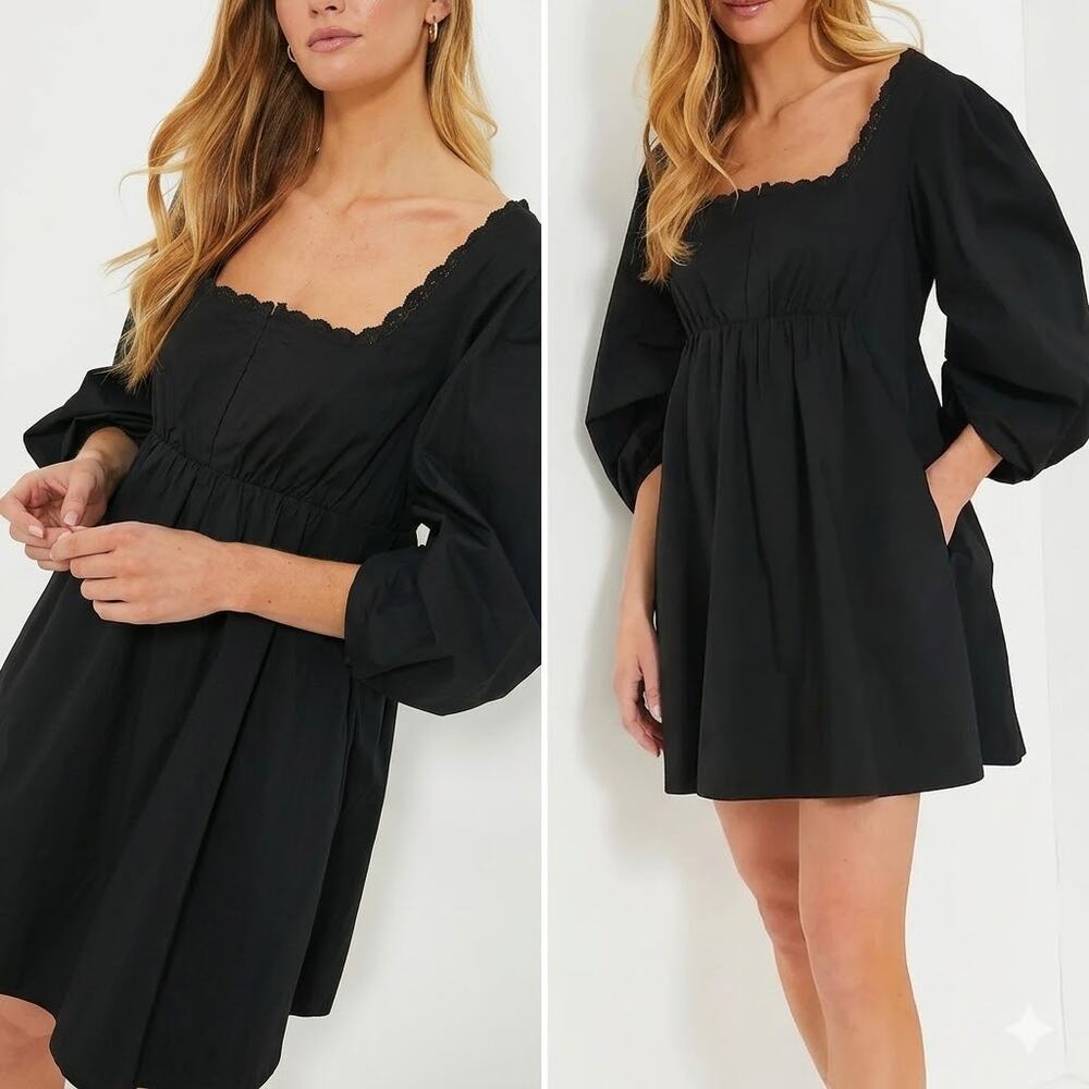 POMANDER PLACE Black Jenny Babydoll Dress Puff Sleeves Size S NWT